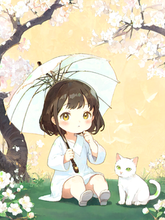 满屏白色梨花，卡通插画，简约线条小女孩与白猫，油伞，白色色调，丰富的画面，浅色晕染背景，彩色编码的插图，浅色背景--ar3:4-style raw--style 750--v6.0，卡用可爱壁纸，
