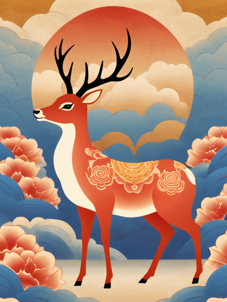 祥云神鹿敦煌艺术风格插画