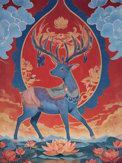敦煌艺术风格的插画， 一只九色鹿被祥云环绕，站在荷花中，采用极其细腻的笔触，柔软流畅，中国红和靛蓝，金色背景