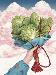 手拿一颗生菜绑着红绳，祥云环绕，花卉设计图案，粉色蓝色色调，金色勾线，中国版画，扁平插画，