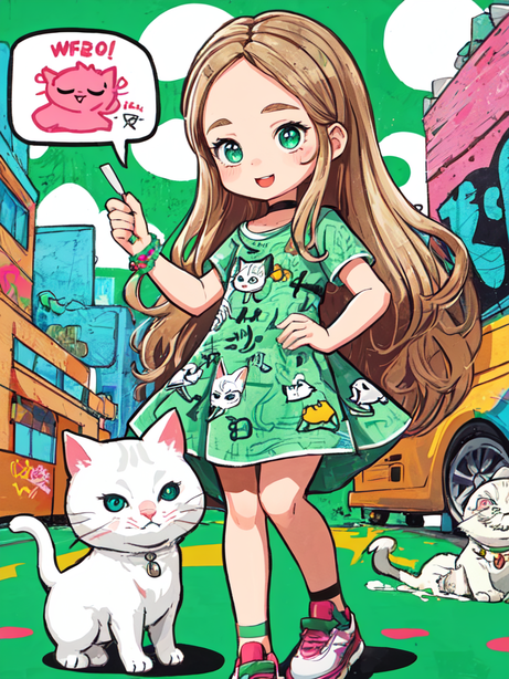 混合涂鸦图案女孩与猫咪插图
