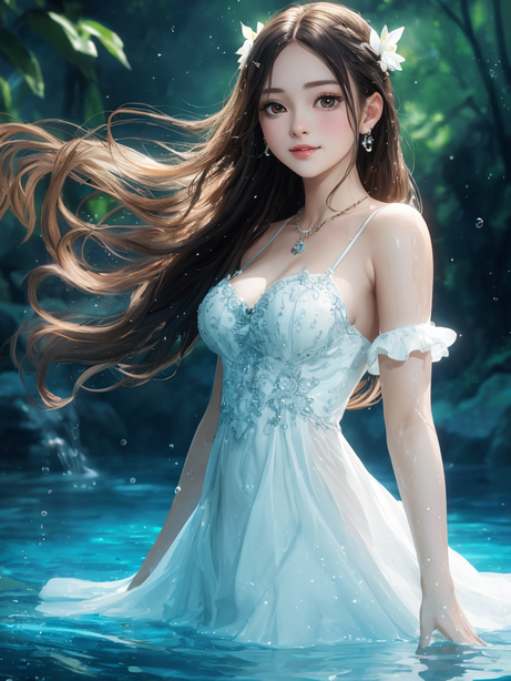山泉瀑布下的梦幻美少女