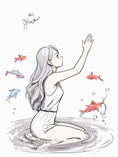 一群小锦鲤围在少女周围，侧脸，抬起手祈祷，水效果水元素，白色背景，彩色插画，矢量风格，极简主义，平面设计风格，线条艺术