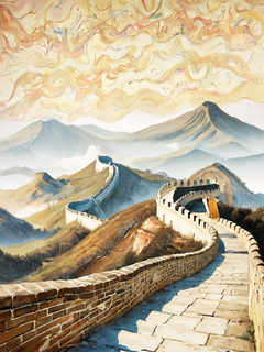 意境山水，长城，大面积米色背景，低饱和度，浅蓝色和金色
