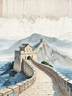 意境山水，长城，大面积米色背景，低饱和度，浅蓝色和米色