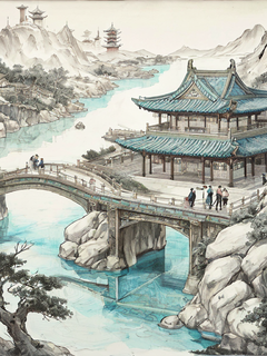 远处有许多中国建筑，中国美学，宋代壁画，宋徽宗，超现实主义中国建筑，青绿色和浅米色调，历史绘画，超细细节，纪念壁画，审美情调，东方美学，风景画，对称构图，超广角，俯瞰，航拍