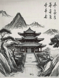 远处有许多中国建筑，中国美学，宋代壁画，宋徽宗，超现实主义中国建筑，青绿色和浅米色调，历史绘画，超细细节，纪念壁画，审美情调，东方美学，风景画，对称构图，超广角，俯瞰，航拍