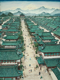 远处有许多中国建筑，中国美学，宋代壁画，宋徽宗，超现实主义中国建筑，蓝青绿色和浅米色调，历史绘画，超细细节，纪念壁画，审美情调，东方美学，风景画，对称构图，超广角，俯瞰，航拍