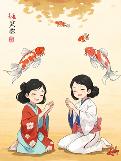 锦鲤少女，一群锦鲤围在中国少女周围，带着微笑抬起手祈祷，，金黄色背景，彩色插画，矢量风格，极简主义，平面设计风格