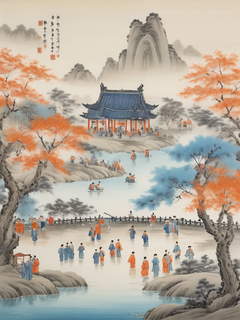 一幅中国画，画的是一个户外公园，有很多人在水里玩耍，以浅蓝色和深灰色为特色，精致的细节，工笔画，树上开着桔黄色的花，营造欢乐的氛围，它使用了蓝色的水墨画和五颜六色的人物风格的春节盛装