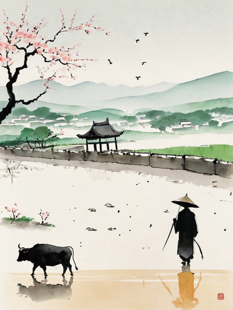 清明景象中式极简彩色水墨画