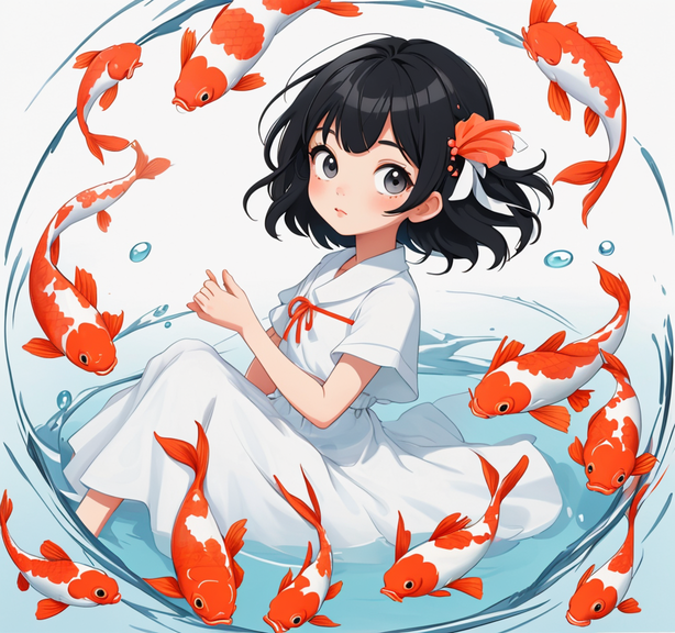 被锦鲤包围的女孩卡通插画