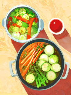 火锅和涮菜，俯拍角度，卡通插画