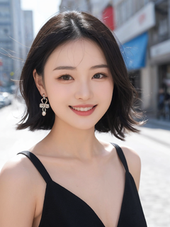 黑色头发的中国女孩，微笑，中等头发，极其美丽的脸，穿着低胸低v连衣裙，肖像，阳光明媚的日子，体积光，街上的快照，刮风，清晰的焦点，8k，杰作，RAW照片