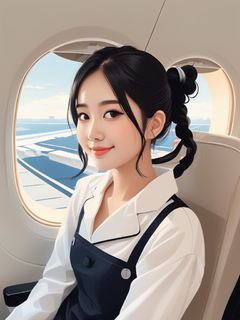 平面插图，一个可爱的中国女孩的平面插图风格，双辫子黑色头发，微笑，白色背景