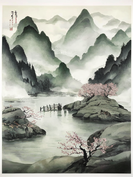 宁静的桃花山水传统水墨画
