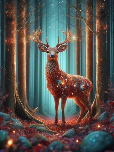 树林里的发光神鹿梦幻插画