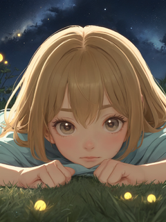 草地，一个可爱烂漫的女孩特写，躺下lying down，看星空，发光的萤火虫，冥想，宫崎骏画风