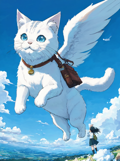 宫崎骏风格漫画，飞着的巨型猫，女孩，蓝天白云，高分辨率，丰富的细节