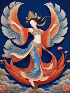 敦煌艺术风格的插画，飞天神女，敦煌飞天在巨大的莲花座上起舞，服饰飘逸舞姿优美，采用机器细腻的笔触，柔软流畅，中国红和靛蓝，金色背景，覆盖祥云图案