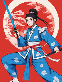 一幅平面的小哪吒工笔画插画，蓝白色汉服，手持鞭剑，极简主义的卡通人物肖像，哑光红色背景，采用清爽的新波普插图风格，全身视图，大胆的卡通石版画