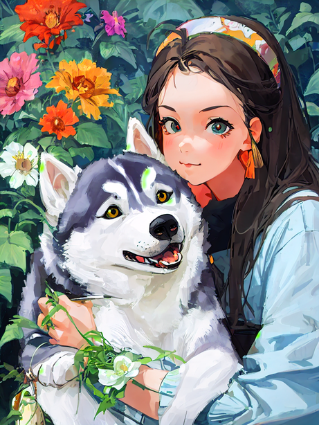 可爱的女孩和哈士奇卡通水粉画