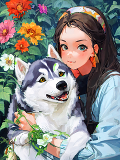 水粉画，一只哈士奇和一个可爱的卡通形象女孩，花草地，秘密基地