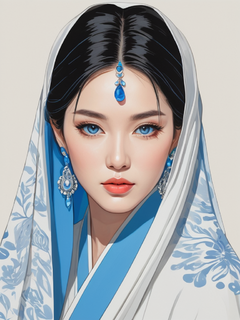 动漫美学，肖像画，极简主义，以弗兰克·索恩的风格，女人的肖像，黑头发，蓝眼睛，蓝色耳环，白色面纱遮住半张脸，背景是浅灰色，线条细腻，平面矢量设计，配色方案清新，高端质感，具有中国传统插图的风格