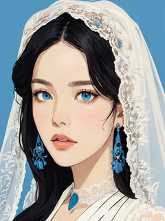 动漫美学，肖像画，极简主义，以弗兰克·索恩的风格，女人的肖像，黑头发，蓝眼睛，蓝色耳环，白色蕾丝面纱遮住半张脸，哑光米色背景，平面矢量设计，古风插画