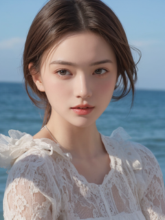 年轻美女，红棕色短发，真实且富有艺术感，展现出20岁女性的自信与青春活力，海边为背景
