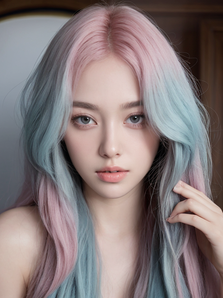 粉蓝色头发韩国美女自拍照
