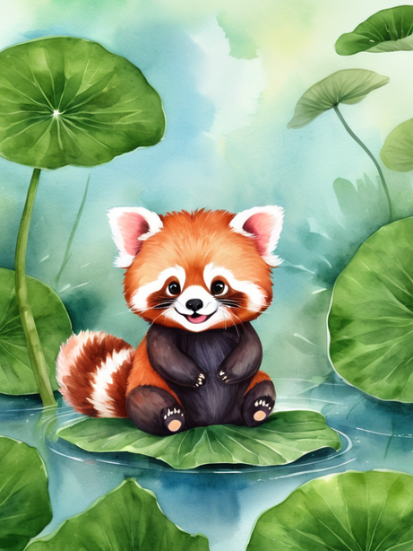 荷叶上的小熊猫卡通水彩画