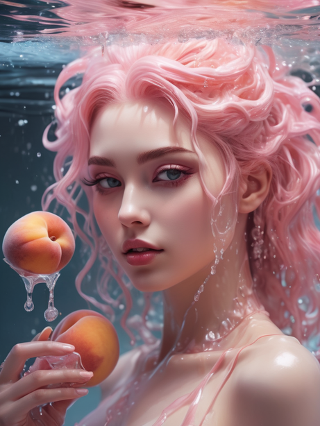 水中粉色湿发美女与水蜜桃
