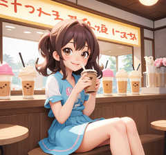 一个可爱的小女孩坐在奶茶店里，拿着杯子喝奶茶，32K超高清，精心设计，美观
