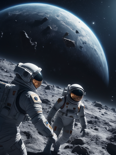 宇航员在太空中驾驶宇宙飞船，伟大的远景，星空，超现实主义，陨石碎片，太空，星系，宇宙，逼真的照明和阴影，孤独，冷色调，冷暖对比色，未来技术，电影级场景，虚幻引擎，概念艺术，概念场景，超级详细，8k
