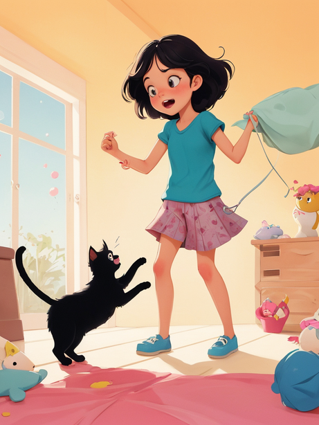 女孩与猫咪玩耍的儿童书籍插图