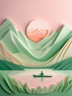 一个人在河上划船，前景是草浪，高山和落日，柔和的浅绿色和浅粉色渐变背景，浮雕纸雕风格，简单的线条，极简主义的构图，柔和的灯光，精致的纹理，宁静的气氛，宁静的自然