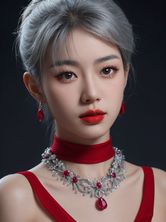 上半身特写，一个中国混血女人，妆容精致，灰色盘发造型，红色吊带裙，色调，超高清，照片真实感，8k，超现实主义，摄影，戴着钻石和红宝石项链，细节复杂，f/8，清晰的焦点，200mm镜头