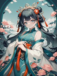 一个亚洲年轻女子的插图，穿着东方风格，在严俊成的风格，精致的植物群描绘，kawacy，五颜六色的梦想，32k uhd，精心制作的服装，平静的脸