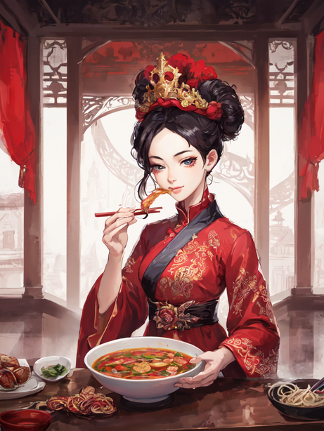红色古风人物美食主题海报