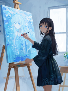 一个动漫女孩站在工作室里画东西，浅天蓝色和浅黑色的风格，花卉印象派，陈，高调调色板，nobuo sekine，32k uhd，英国学校