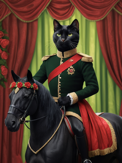 插图显示了一只黑色拟人化的猫，穿着红绿色的皇家骑士服，骑在一匹黑马上，英俊全身可见，背景是红绿色花卉的窗帘，4k，质量最好