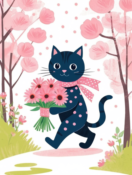 捧花的粉色波点猫儿童插图