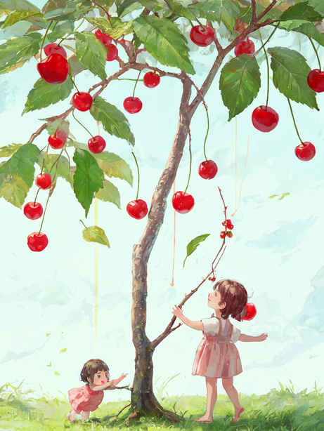 小朋友摘樱桃的彩色创意插画