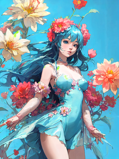 花洛之神，五颜六色的鲜花，漫画女孩，清晰纹理，浅蓝色背景