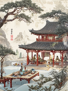 徽派风格，室外风景，二层茶楼，茶室笑谈图，诗情茶意交融，热闹的景象，古风，中式插画