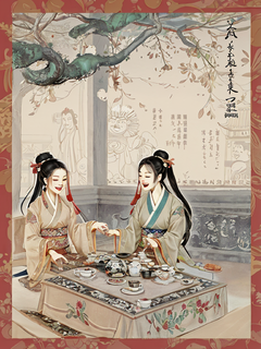 宋代风格，二层茶楼，茶室笑谈图，诗情茶意交融，热闹的景象，古风，中式插画