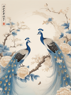 国潮插画、宋代工笔画风、花卉、孔雀、蝴蝶、梦幻，只有白色、米色和浅蓝色