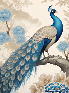 国潮插画、宋代工笔画风、花卉、一只孔雀特写、梦幻背景，只有白色、米色和浅蓝色