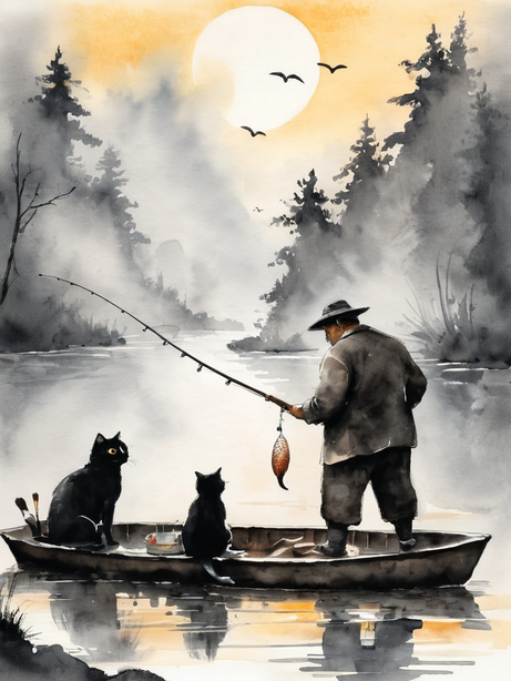 墨水画风格渔翁钓鱼插画